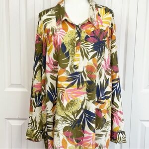 D&Co. Naturals Colorful Tropical Palm Leaf Print Linen Popover Shirt 2X